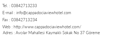 Cappadocia View Hotel telefon numaralar, faks, e-mail, posta adresi ve iletiim bilgileri